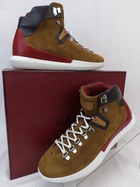 NIB BALLY AVYD DARK BROWN SUEDE BLACK LEATHER LOGO TOP SNEAKERS 7.5 40.5 ITALY